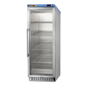 A tall, stainless steel, commercial refrigerator with a glass front door, side handle, and four empty wire shelves; digital temperature display is at the top right. The unit stands on a vented base and has a blue brand label on the top left. Designed with durability in mind, this refrigerator incorporates passive heating technology similar to that used in modern blanket warmer units for consistent interior temperatures.