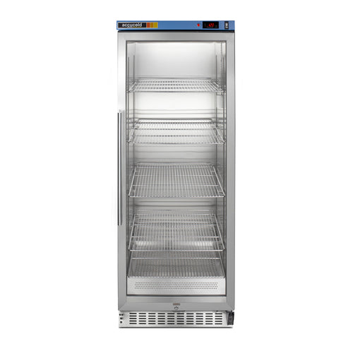 A tall, stainless steel commercial refrigerator with a glass door and a vertical handle. The fridge features six empty wire shelves, interior lighting, and a digital temperature display on the top right corner. The exterior appears clean and modern, showcasing durable stainless steel construction ideal for professional settings.