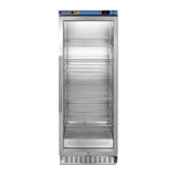 A tall, stainless steel commercial refrigerator with a glass door and a vertical handle. The fridge features six empty wire shelves, interior lighting, and a digital temperature display on the top right corner. The exterior appears clean and modern, showcasing durable stainless steel construction ideal for professional settings.
