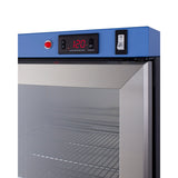 Close-up of a stainless steel blanket warmer cabinet door with a glass window, partially open. The top panel has a digital display reading 120, control buttons, a red indicator light, and a black ON/OFF rocker switch on a white background.