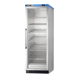 A tall, stainless steel commercial refrigerator with a glass front door, vertical handle, and digital display at the top. Featuring adjustable shelves for customizable storage, the interior contains five metal wire shelves, all empty. The unit stands on a black vented base.
