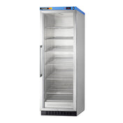A tall, stainless steel commercial refrigerator with a glass front door, vertical handle, and digital display at the top. Featuring adjustable shelves for customizable storage, the interior contains five metal wire shelves, all empty. The unit stands on a black vented base.