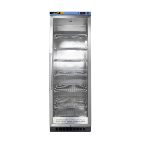 A tall, stainless steel commercial refrigerator with a clear glass door, vertical handle on the left, digital control panel at the top, and six spacious adjustable shelves inside. The fridge stands alone against a white background.