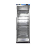 A tall, stainless steel commercial refrigerator with a clear glass door, vertical handle on the left, digital control panel at the top, and six spacious adjustable shelves inside. The fridge stands alone against a white background.