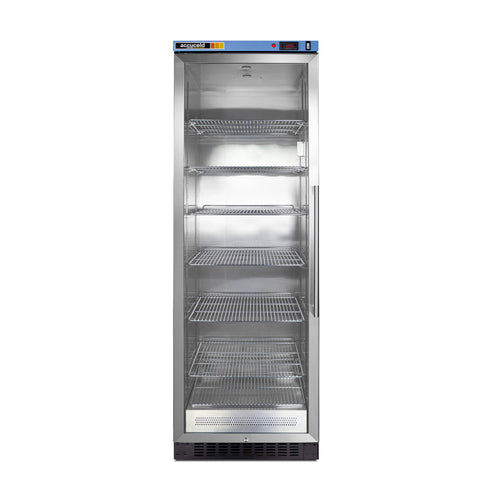 A tall, upright commercial refrigerator with a clear glass door, stainless steel frame, and six empty adjustable shelves. The control panel and brand label are visible on the blue strip at the top. Reminiscent of a modern blanket warmer yet designed for efficient cooling, the fridge stands alone on a plain white background.