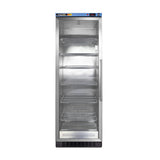 A tall, upright commercial refrigerator with a clear glass door, stainless steel frame, and six empty adjustable shelves. The control panel and brand label are visible on the blue strip at the top. Reminiscent of a modern blanket warmer yet designed for efficient cooling, the fridge stands alone on a plain white background.