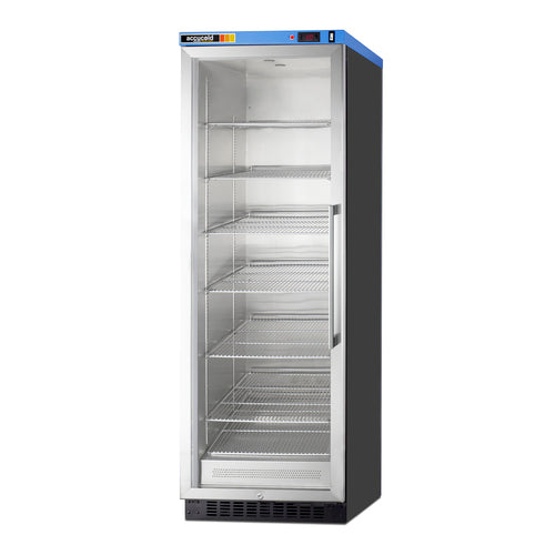 A tall, upright commercial refrigerator with a glass door, metal frame, and five empty adjustable chrome shelves. The control panel and brand label are at the top, and the unit has a black base and sides. The refrigerator is lit inside and stands alone.