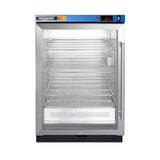 A stainless steel refrigerator with a glass door, three metal wire shelves, a digital temperature display reading 1.2°C, and a blue control panel labeled accucold at the top. Designed for medical settings, the fridge is empty and well-lit inside, making it ideal for storing sensitive supplies that require consistent temperatures.
