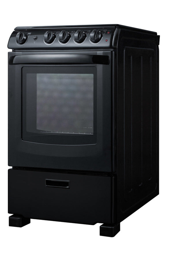 A black freestanding electric range with four control knobs on top, a large glass oven door in the center, and a pull-out storage drawer at the bottom. The 24 inch oven features a modern design with slightly curved front and side panels, complemented by a sleek ceramic glass cooking surface for easy cleaning and contemporary style.