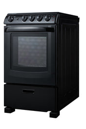 A black freestanding electric range with four control knobs on top, a large glass oven door in the center, and a pull-out storage drawer at the bottom. The 24 inch oven features a modern design with slightly curved front and side panels, complemented by a sleek ceramic glass cooking surface for easy cleaning and contemporary style.