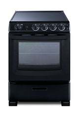 Black electric range with a ceramic glass cooking surface and four control knobs above a large 24 inch oven door, viewed from the front. The oven window shows empty racks inside. There is a storage drawer at the bottom. The appliance is standing on a white background.