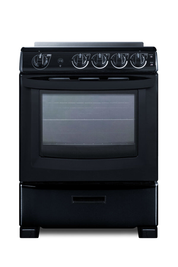 A black freestanding 24 inch oven with a glass front door, four control knobs on the top panel, a pull-out drawer at the bottom, and a smooth oven window revealing two interior racks. Features an electric range with ceramic glass cooking surface. The background is plain white. Total: 272 characters.