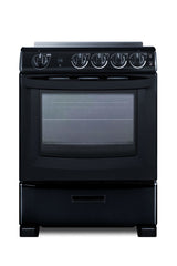 A black freestanding 24 inch oven with a glass front door, four control knobs on the top panel, a pull-out drawer at the bottom, and a smooth oven window revealing two interior racks. Features an electric range with ceramic glass cooking surface. The background is plain white. Total: 272 characters.