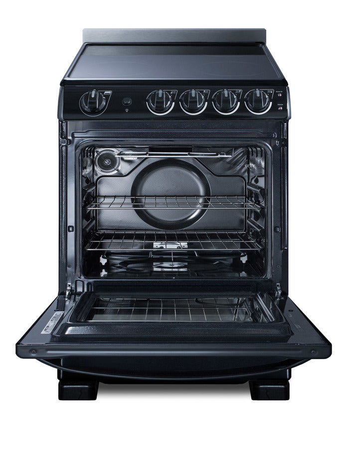 A black 24 inch oven with the door open, showing empty oven racks and a round heating element at the back. The control panel above features five knobs. The electric range includes a sleek ceramic glass cooking surface, while the stovetop and oven interior are clean and modern in design.