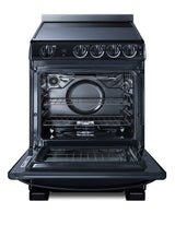 A black 24 inch oven with the door open, showing empty oven racks and a round heating element at the back. The control panel above features five knobs. The electric range includes a sleek ceramic glass cooking surface, while the stovetop and oven interior are clean and modern in design.