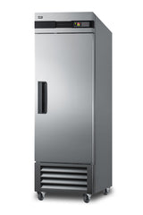 A tall, stainless steel commercial upright freezer with a single solid door, black handle, digital control panel, vented grille at the bottom, and four caster wheels is shown against a plain white background.