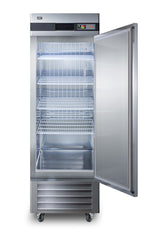 A stainless steel commercial upright freezer with a glass door open, revealing five empty wire shelves inside. The reach-in freezer stands on small wheels, features an electronic control panel at the top, and boasts interior lighting that illuminates the shelves.