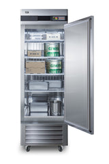 A commercial upright stainless steel freezer with an open door reveals shelves holding two large Gino’s Italian Ice containers, a cardboard box, metal pans, and an ice bucket. The interior of this reach-in freezer is well-lit, with a digital temperature display at the top.