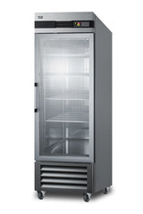 A tall, stainless steel commercial refrigerator with a single glass door, metal handle, and four wire shelves inside. This glass door refrigerator stands on four caster wheels and features a digital control panel on top and vented panels at the bottom.