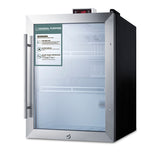 A black and silver laboratory commercial refrigerator with a locking glass door, metal handle, and warning label. The digital temperature display on top shows “4.0.” The interior has two wire shelves and appears empty. This Accucold Compact All-Refrigerator features a visible lock at the bottom of the door.