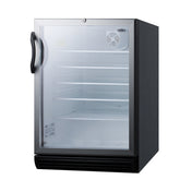 A small, upright black and silver refrigerated merchandiser with a glass door, black handle, four wire shelves, an interior fan, and a bottom vent. This reach-in cooler is empty and set against a plain white background.