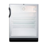 A small, empty, stainless steel built-in reach-in cooler with a black handle and four clear shelves is shown with its door open. The interior is lit, and the fan and temperature control are visible on the upper back wall. This ADA compliant fridge has a black base.