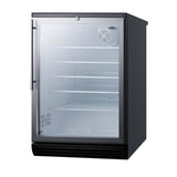 A small, black, single-door commercial glass door refrigerator with a clear glass front. The interior is empty, revealing four adjustable wire shelves and a fan at the back wall. The silver, vertical handle is located on the left side, making this refrigerated merchandiser perfect for showcasing chilled products in any space.