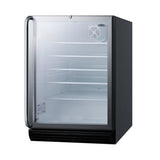 A small, black, square refrigerated merchandiser with a transparent glass door, metal handle, and four adjustable wire shelves. The interior is lit and features a ventilation fan at the top right corner. This commercial reach-in refrigerator is completely empty.