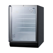 A small, black, square refrigerated merchandiser with a transparent glass door, metal handle, and four adjustable wire shelves. The interior is lit and features a ventilation fan at the top right corner. This commercial reach-in refrigerator is completely empty.