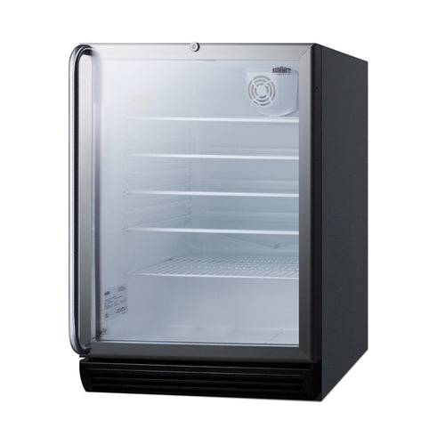 A small, black, square refrigerated merchandiser with a transparent glass door, metal handle, and four adjustable wire shelves. The interior is lit and features a ventilation fan at the top right corner. This commercial reach-in refrigerator is completely empty.
