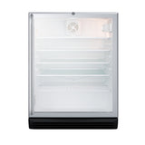 A small, upright, stainless steel mini fridge designed as a commercial reach-in refrigerator with a clear glass door, four interior shelves, a vent fan at the back, and a light in the upper right corner. This refrigerated merchandiser is empty and sits against a plain white background.