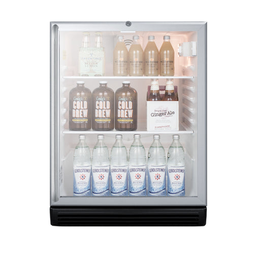 A refrigerated merchandiser with a glass door displays three shelves: the top shelf holds 6 cans, the middle shelf has 4 dark cold brew bottles and 1 box of ginger ale, and the bottom shelf contains 6 clear bottles labeled “Gerolsteiner.” The commercial reach-in refrigerator’s interior is brightly lit.