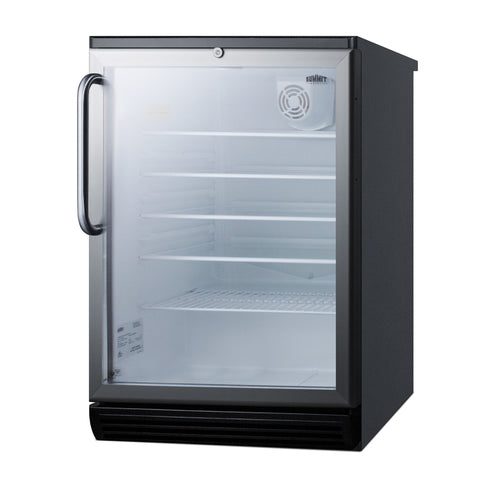 A small, black glass door refrigerator with a clear glass front is shown. The fridge is empty, featuring four interior wire shelves and a fan inside the top right corner. The door has a large metal handle on the left side. This commercial refrigerator is positioned on a white background.