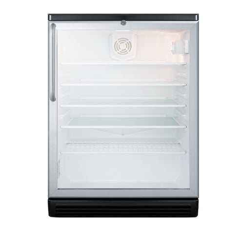 Front view of an empty, single-door Glass Door Refrigerator with four transparent shelves, interior light in the top right corner, a vent fan at the back, and a silver handle on the left side. This Refrigerated Merchandiser features black top and bottom trim, making it ideal for both commercial and personal use.
