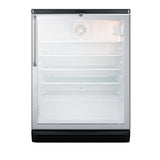 Front view of an empty, single-door Glass Door Refrigerator with four transparent shelves, interior light in the top right corner, a vent fan at the back, and a silver handle on the left side. This Refrigerated Merchandiser features black top and bottom trim, making it ideal for both commercial and personal use.