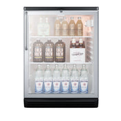 A glass door refrigerator with a silver frame and black base showcases two shelves and a bottom space. Inside this refrigerated merchandiser, brown cold brew bottles, clear bottles of ginger ale, and tall bottles of sparkling water are all neatly arranged, making it perfect for displaying beverages in an organized manner.