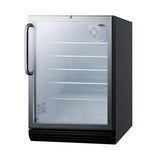 A black, single-door glass-front refrigerated merchandiser stands open, empty inside. It has four white shelves, a vent at the top right, a silver handle on the left, and a black base vent below, against a plain white background—perfect for commercial settings and ADA compliant for accessibility.