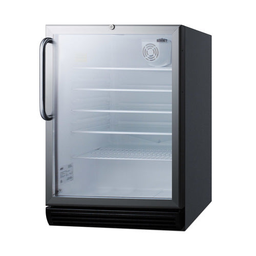 A black, single-door glass-front refrigerated merchandiser stands open, empty inside. It has four white shelves, a vent at the top right, a silver handle on the left, and a black base vent below, against a plain white background—perfect for commercial settings and ADA compliant for accessibility.