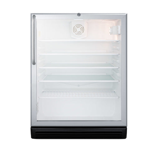 Front view of an empty, single-door, glass-front refrigerated merchandiser with a silver frame, four transparent shelves, a fan at the back, a small light in the top right corner, and a black vent at the bottom. This commercial unit is ADA compliant for accessible use.