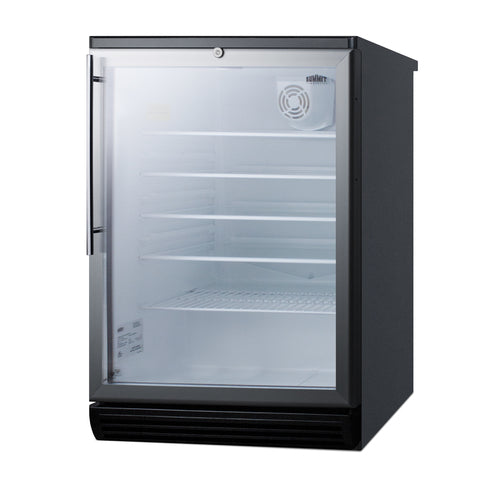 A small black and silver Glass Door Cooler with a transparent glass door, four interior wire shelves, and a visible cooling fan at the back. This compact Refrigerated Merchandiser is empty and sits on a plain white background.