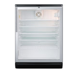 Front view of an empty, stainless steel Glass Door Cooler with four adjustable glass shelves, a lower wire shelf, a small interior fan on the back wall, and a small light in the upper right corner. This commercial reach-in refrigerator sits on a black vented base.