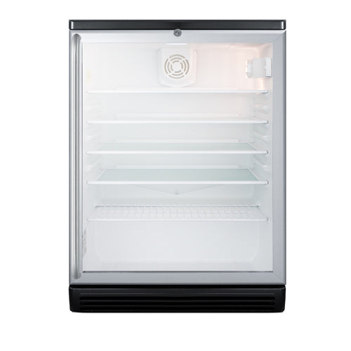 A front-facing view of an empty, stainless steel refrigerated merchandiser mini fridge with a glass door. The fridge has four clear shelves and a light in the top right corner. The interior is clean and well-lit, and the door is open, showing the spacious inside.