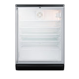 A front-facing view of an empty, stainless steel refrigerated merchandiser mini fridge with a glass door. The fridge has four clear shelves and a light in the top right corner. The interior is clean and well-lit, and the door is open, showing the spacious inside.