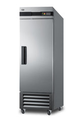 A commercial reach-in refrigerator stands upright on four caster wheels, featuring a black handle, a vented grille at the bottom, and a digital control panel above the door. This stainless steel refrigerator boasts a modern, industrial design suitable for professional kitchens.