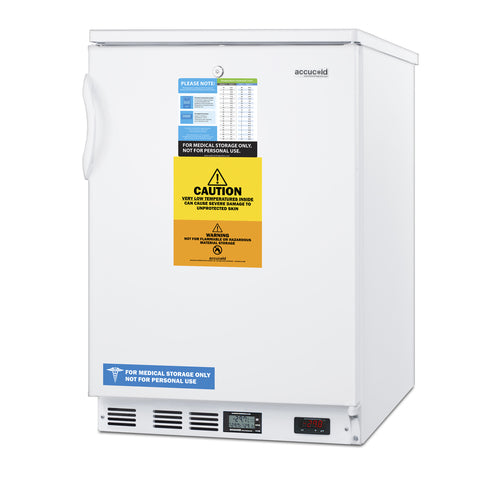 A white accucold Laboratory Undercounter Freezer with a handle on the left, yellow caution labels, and a blue sign reading “FOR MEDICAL STORAGE ONLY.” This NSF-7 certified freezer features -30°C operation, a digital temperature display at the bottom, and a note taped to the door. The brand name “accucold” appears at the top right.