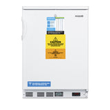 A white Laboratory Undercounter Freezer with a side handle displays caution labels, a temperature control panel, and a FOR MEDICAL STORAGE ONLY sign on the bottom. The brand accucold is visible at the top right. Engineered for NSF-7 compliance and reliable -30°C operation, the door features multiple warnings and informational stickers.