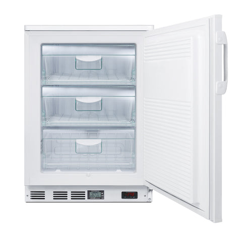 A white upright Laboratory Undercounter Freezer with the door open, showing three transparent pull-out drawers. The interior is empty, and a control panel with a digital display is visible at the bottom front, allowing precise -30°C operation. The inner door features a handle and a textured surface, while NSF-7 certification ensures reliable performance in demanding environments.