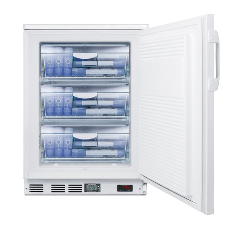 A white Laboratory Undercounter Freezer with the door open, revealing three transparent drawers filled with laboratory sample vials, boxes, and containers organized neatly. The control panel with digital display and buttons is visible at the bottom front of the freezer. Designed for reliable -30°C operation, this NSF-7 certified unit ensures optimal storage conditions for sensitive materials.