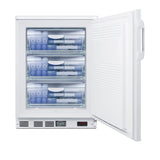 A white Laboratory Undercounter Freezer with the door open, revealing three transparent drawers filled with laboratory sample vials, boxes, and containers organized neatly. The control panel with digital display and buttons is visible at the bottom front of the freezer. Designed for reliable -30°C operation, this NSF-7 certified unit ensures optimal storage conditions for sensitive materials.
