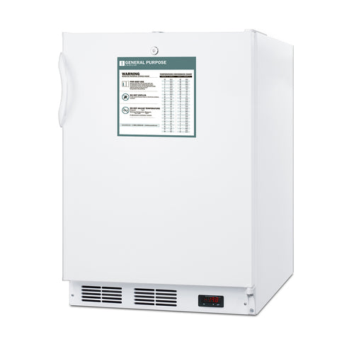 A white, upright commercial freezer with a side handle. A warning and instructions label is on the door, and an electronic digital temperature display is at the bottom right near the vent. The ADA compliant freezer stands alone against a white background.